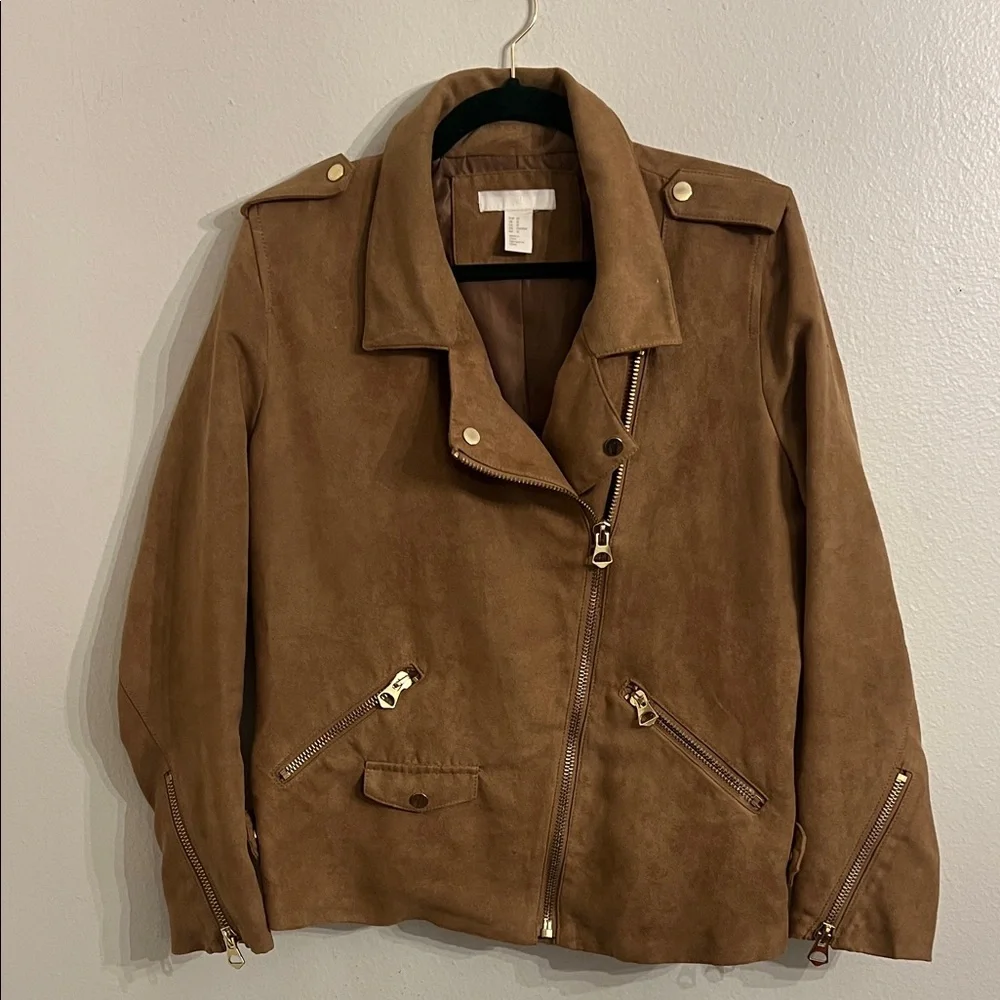 H&M Tan Camel Brown Faux Suede Moto Jacket with Gold Zip & Accents 12